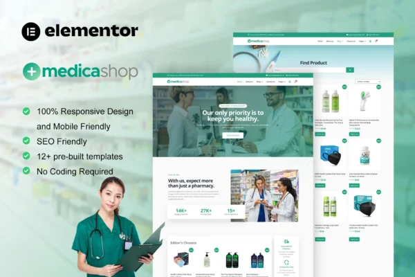 MedicaShop - Kit de modelo Elementor para farmácia e loja médica